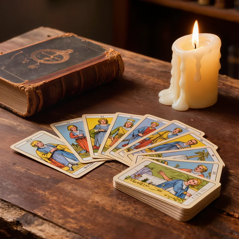 Aufgefächerte Tarotkarten neben einem alten Buch und einer warm leuchtenden Kerze